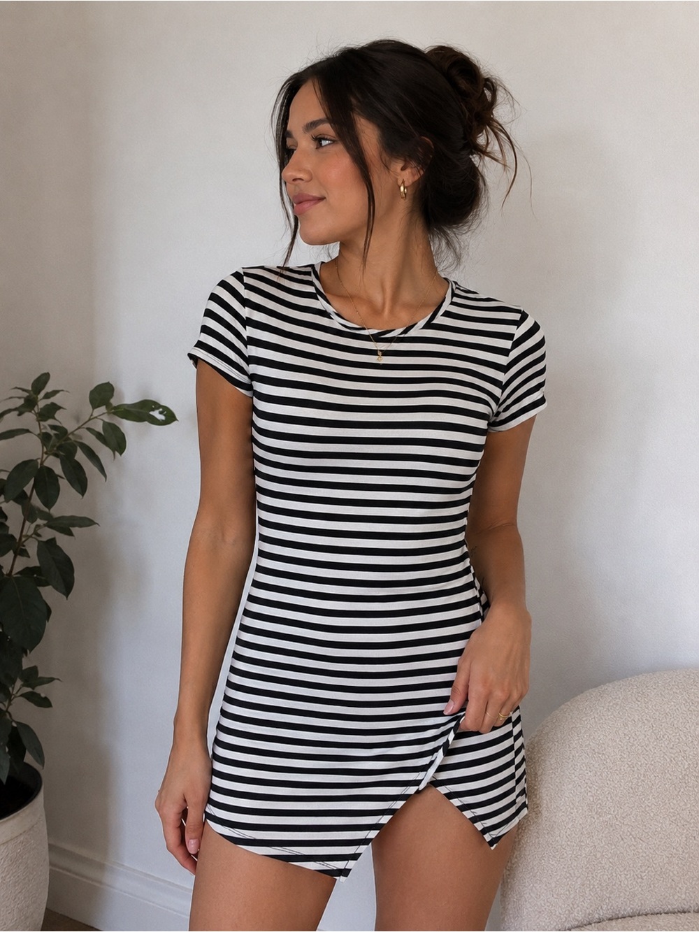 Adara Striped T-Shirt Dress Asymmetrical Hem Casual Top‎ Size L